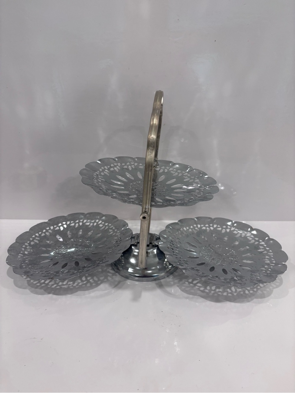 Vintage Folding 3-Tier Chrome Tidbit Tray Dessert Stand Tea Sandwich Server